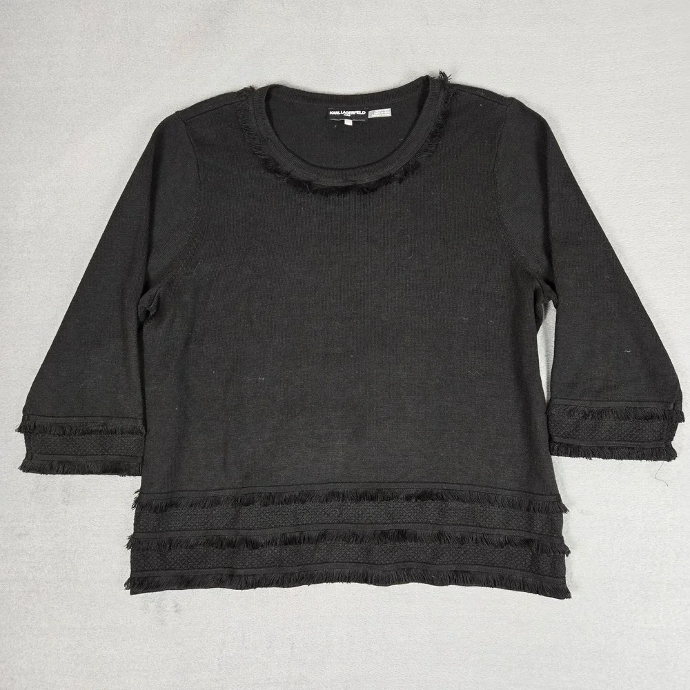 Karl Lagerfeld Sweater Womens XL Black Acrylic Pullover Round‎ Neck Fringe